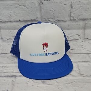 Live Free Eat Sonic Blue and White Trucker Hat